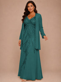 Champagne Beaded Chiffon Mother of the Bride Dress with Jacket V-Neck Gown