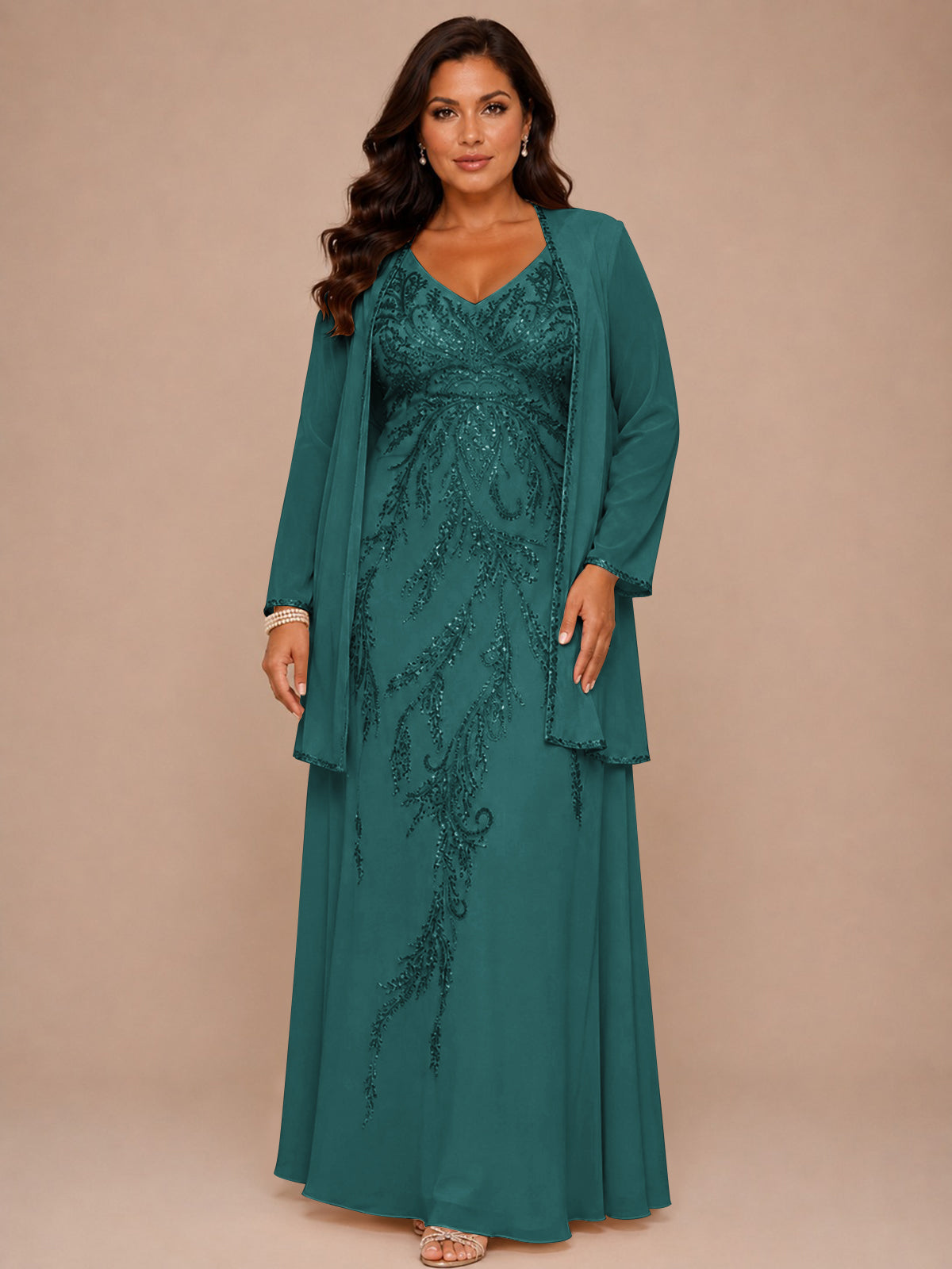 Champagne Beaded Chiffon Mother of the Bride Dress with Jacket V-Neck Gown