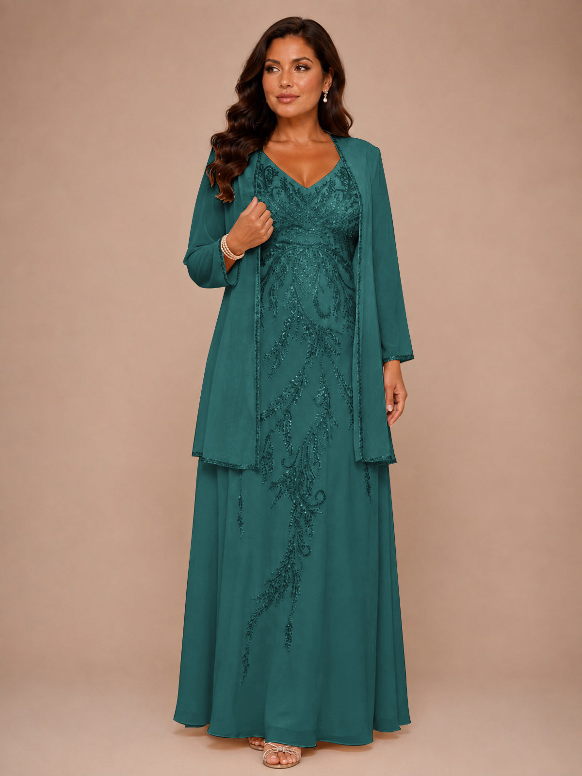 Champagne Beaded Chiffon Mother of the Bride Dress with Jacket V-Neck Gown