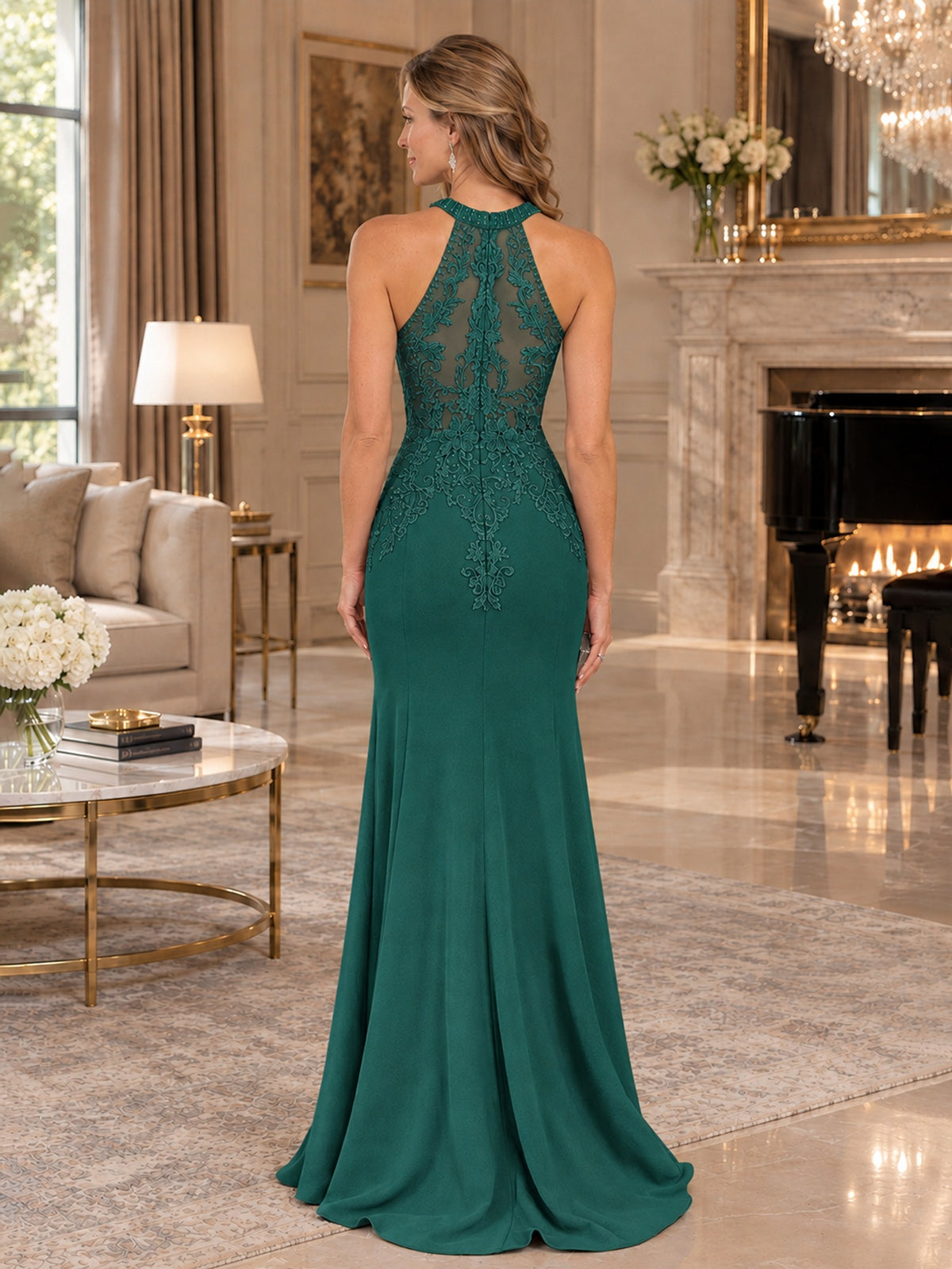 Halter Neckline Lace Appliques Mother of The Bride Dresses