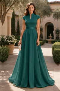 V Neck Cap Sleeve A-Line Floor-Length Satin Bridesmaid Dress