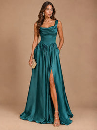 Cowl Neck Pleated Satin Prom Dress with Pockets & Slit Maxi Formal Gowns