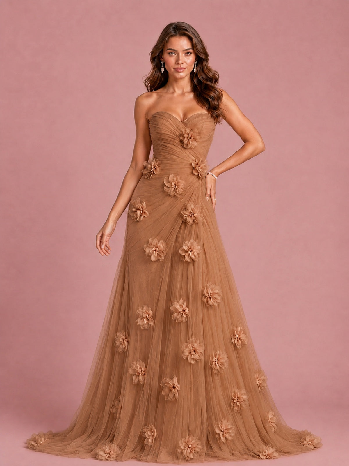 3D Floral Applique Strapless Tulle Prom Dress with High Slit