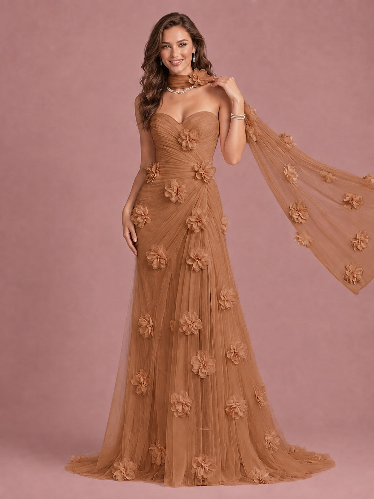 Blush Pink Strapless Sweetheart 3D Floral Tulle Mermaid Prom Dress