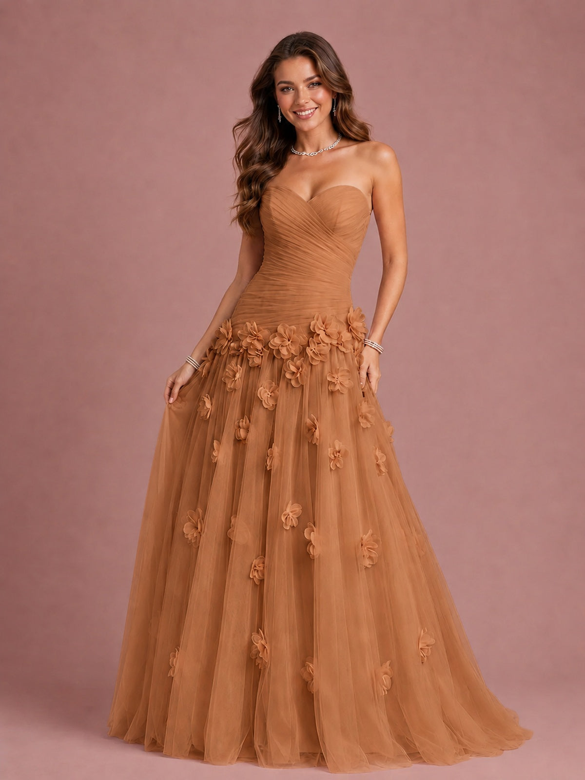 Blush Pink Strapless Sweetheart 3D Floral Tulle Ball Gown Prom Dres