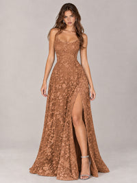 Floral Lace A-Line Prom Dress with Spaghetti Straps & High Slit