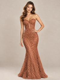 Strapless Corset Mermaid Prom Dress with Floral Lace Appliqué