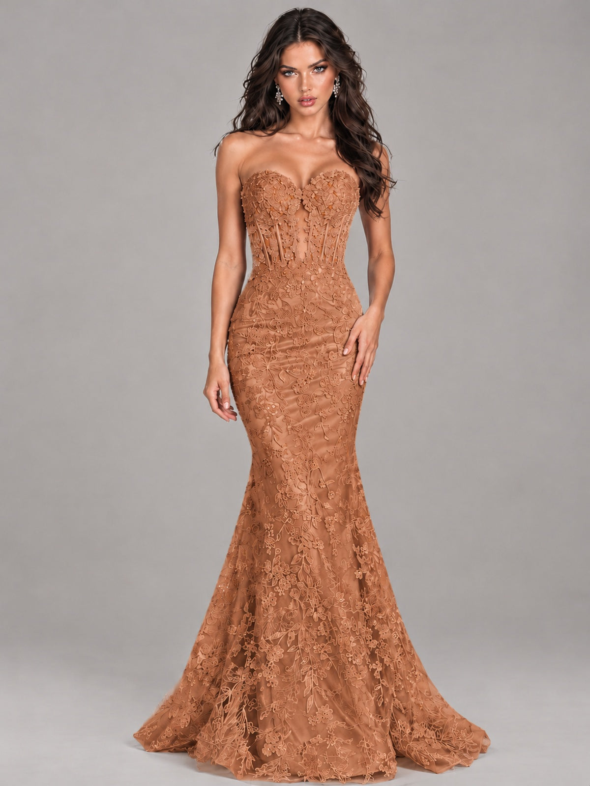 Strapless Corset Mermaid Prom Dress Lace Appliqué Formal Gown