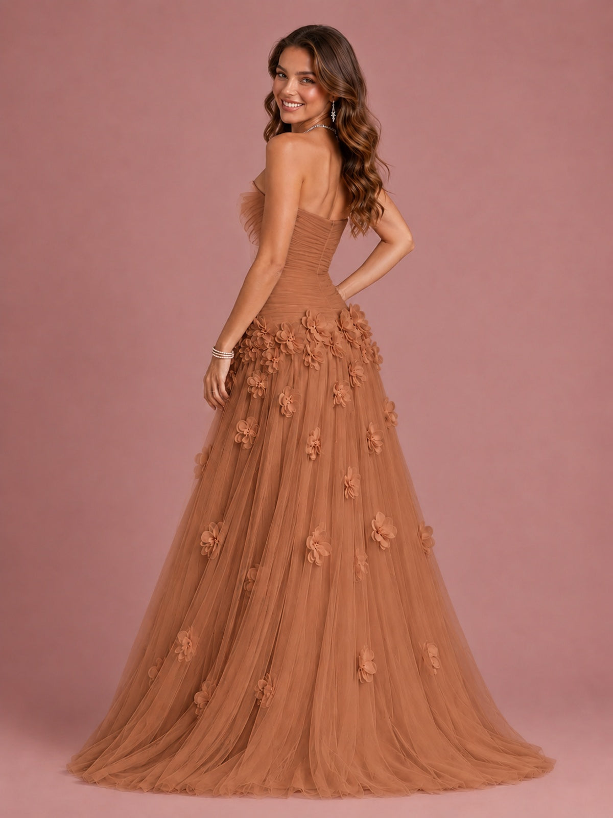 Blush Pink Strapless Sweetheart 3D Floral Tulle Ball Gown Prom Dres