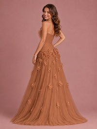 Blush Pink Strapless Sweetheart 3D Floral Tulle Ball Gown Prom Dres