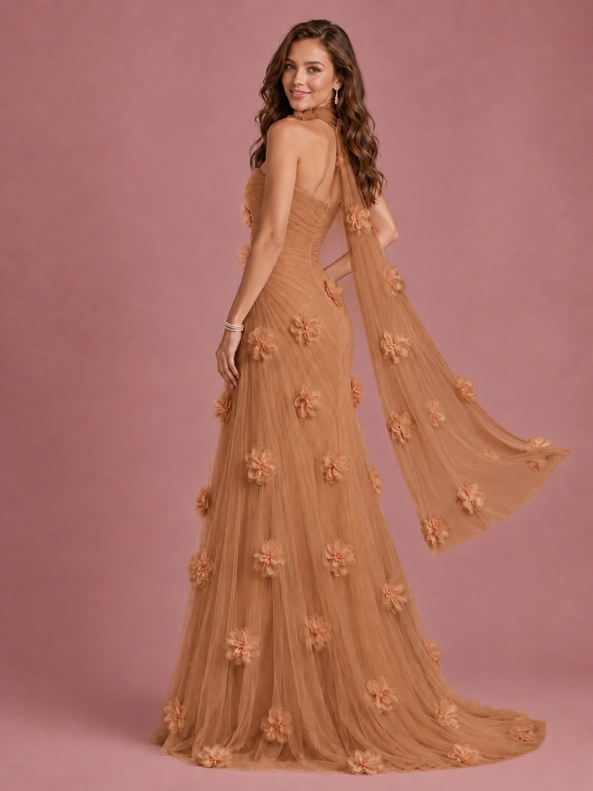 Blush Pink Strapless Sweetheart 3D Floral Tulle Mermaid Prom Dress