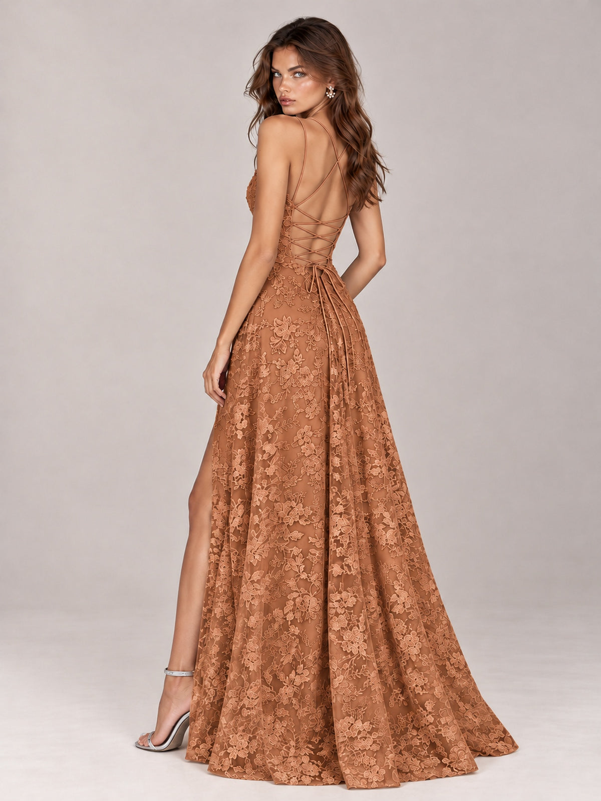 Floral Lace A-Line Prom Dress with Spaghetti Straps & High Slit