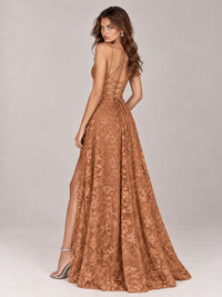 Floral Lace A-Line Prom Dress with Spaghetti Straps & High Slit