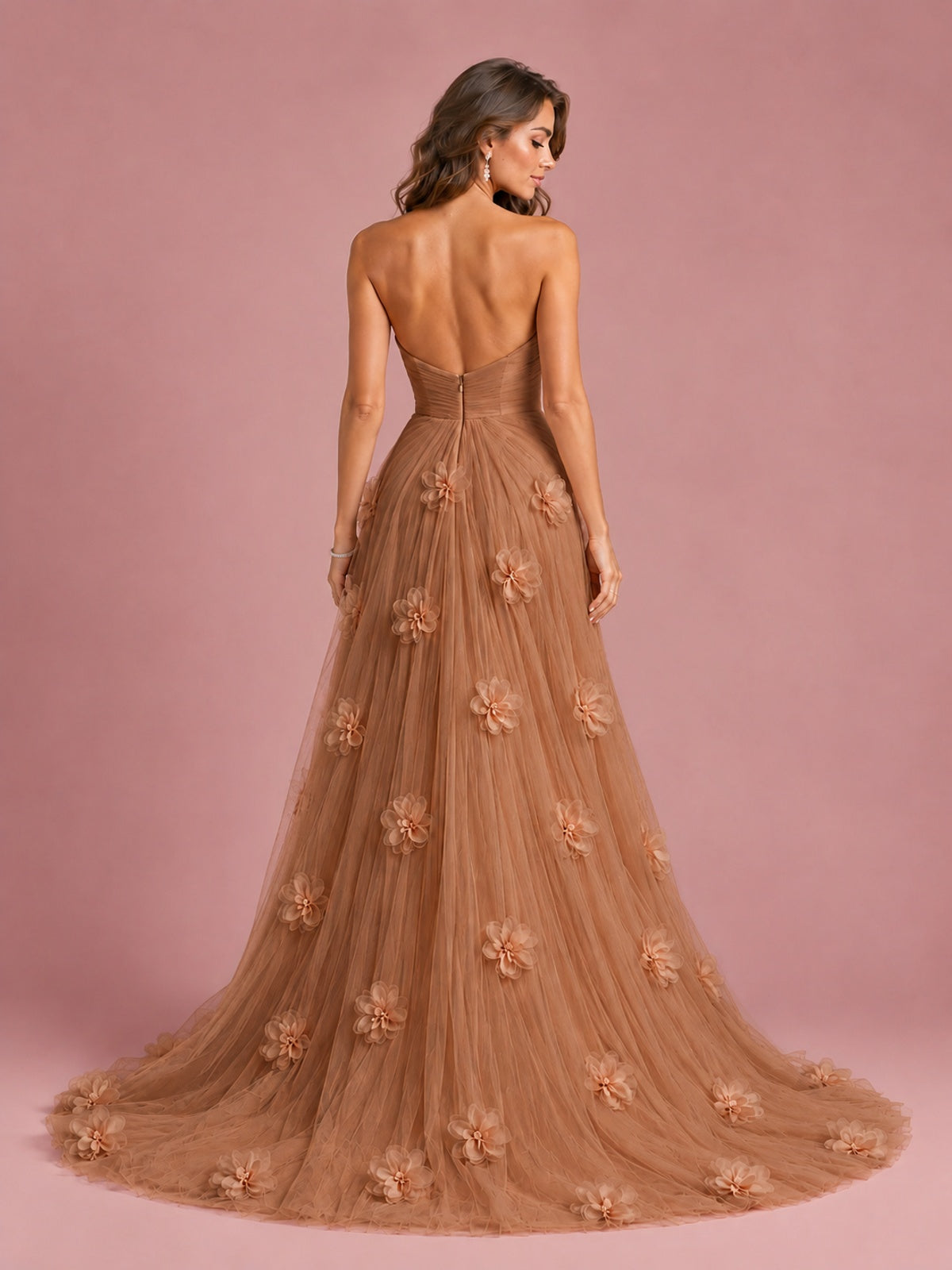 3D Floral Applique Strapless Tulle Prom Dress with High Slit