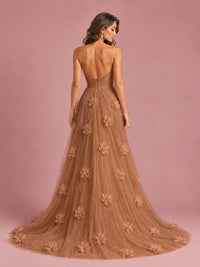 3D Floral Applique Strapless Tulle Prom Dress with High Slit
