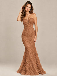 Strapless Corset Mermaid Prom Dress with Floral Lace Appliqué