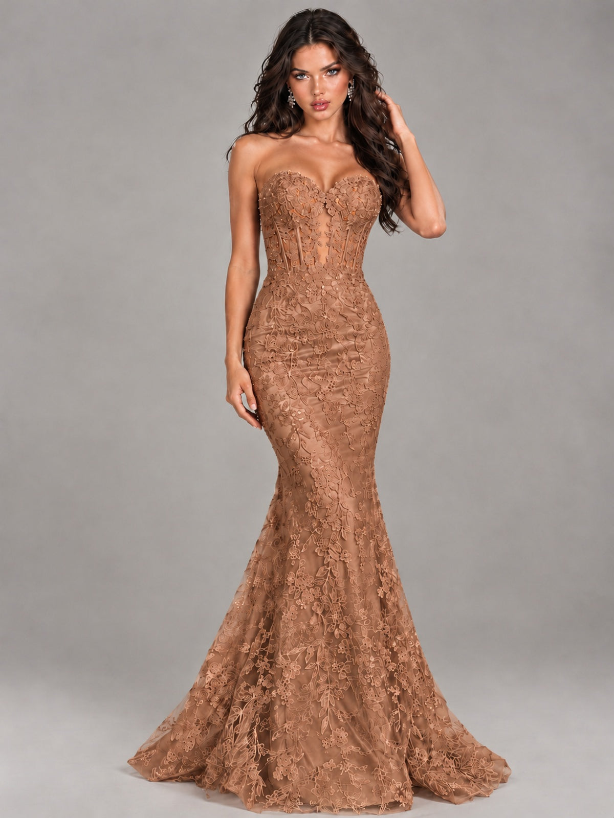 Strapless Corset Mermaid Prom Dress Lace Appliqué Formal Gown