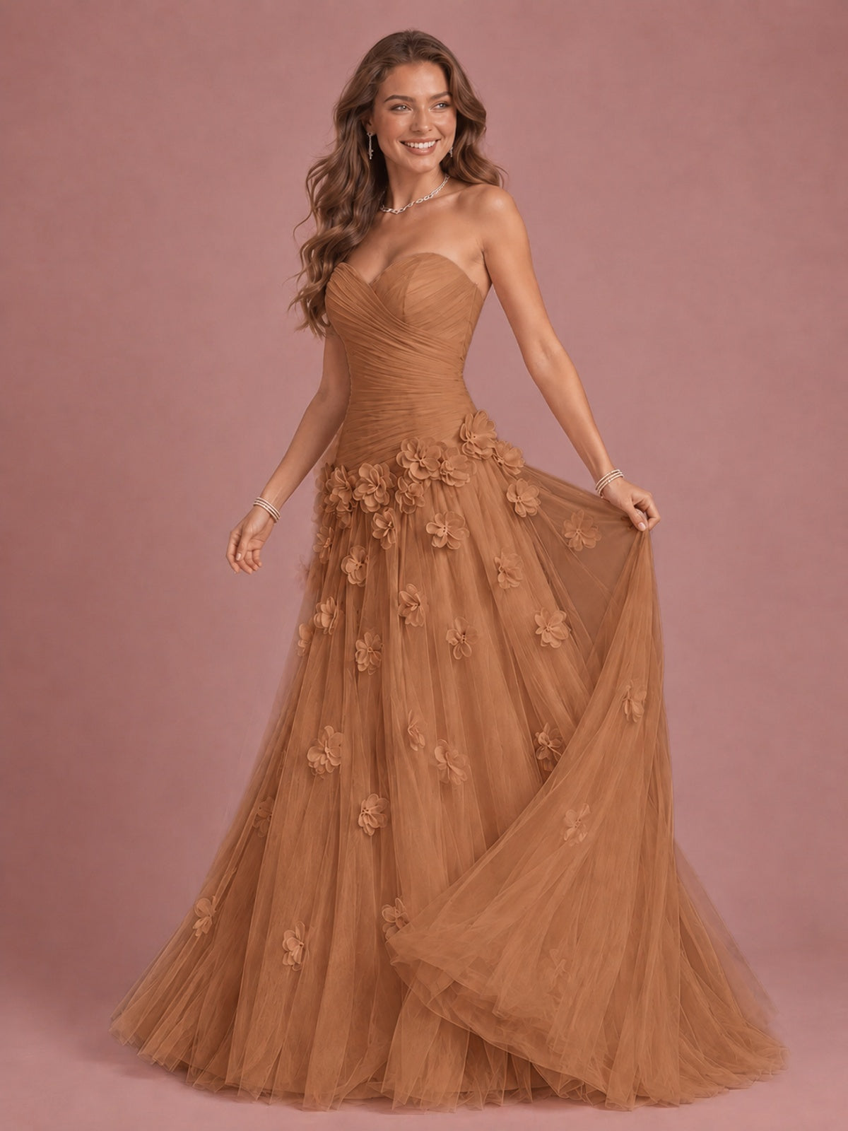 Blush Pink Strapless Sweetheart 3D Floral Tulle Ball Gown Prom Dres