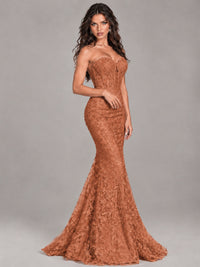 Strapless Corset Mermaid Prom Dress Lace Appliqué Formal Gown