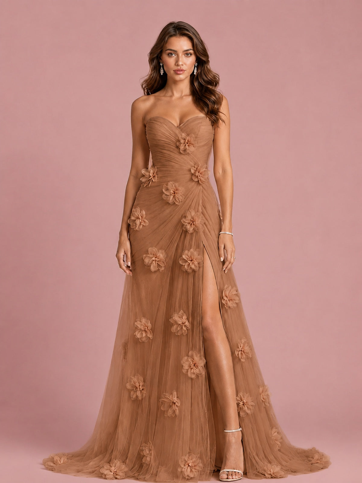 3D Floral Applique Strapless Tulle Prom Dress with High Slit