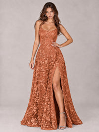 Floral Lace A-Line Prom Dress with Spaghetti Straps & High Slit