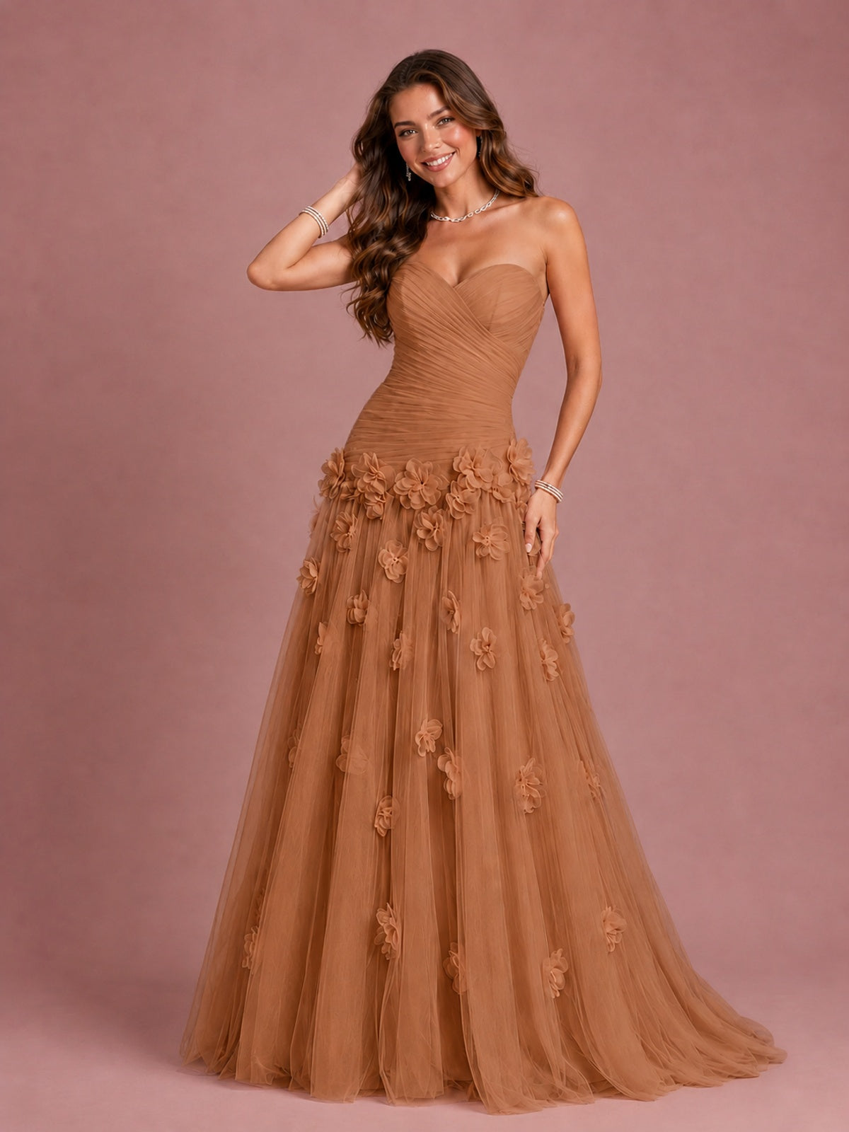 Blush Pink Strapless Sweetheart 3D Floral Tulle Ball Gown Prom Dres