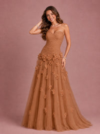 Blush Pink Strapless Sweetheart 3D Floral Tulle Ball Gown Prom Dres