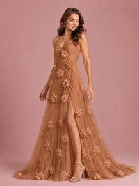 3D Floral Applique Strapless Tulle Prom Dress with High Slit