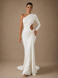 Full-length front view of the Jovellee Thalia white chiffon one-shoulder cutout maxi dress with ruched hip detail