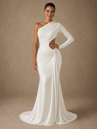 Jovellee Thalia white chiffon one-shoulder maxi dress with waist cutout, knotted hip detail and floor-length train
