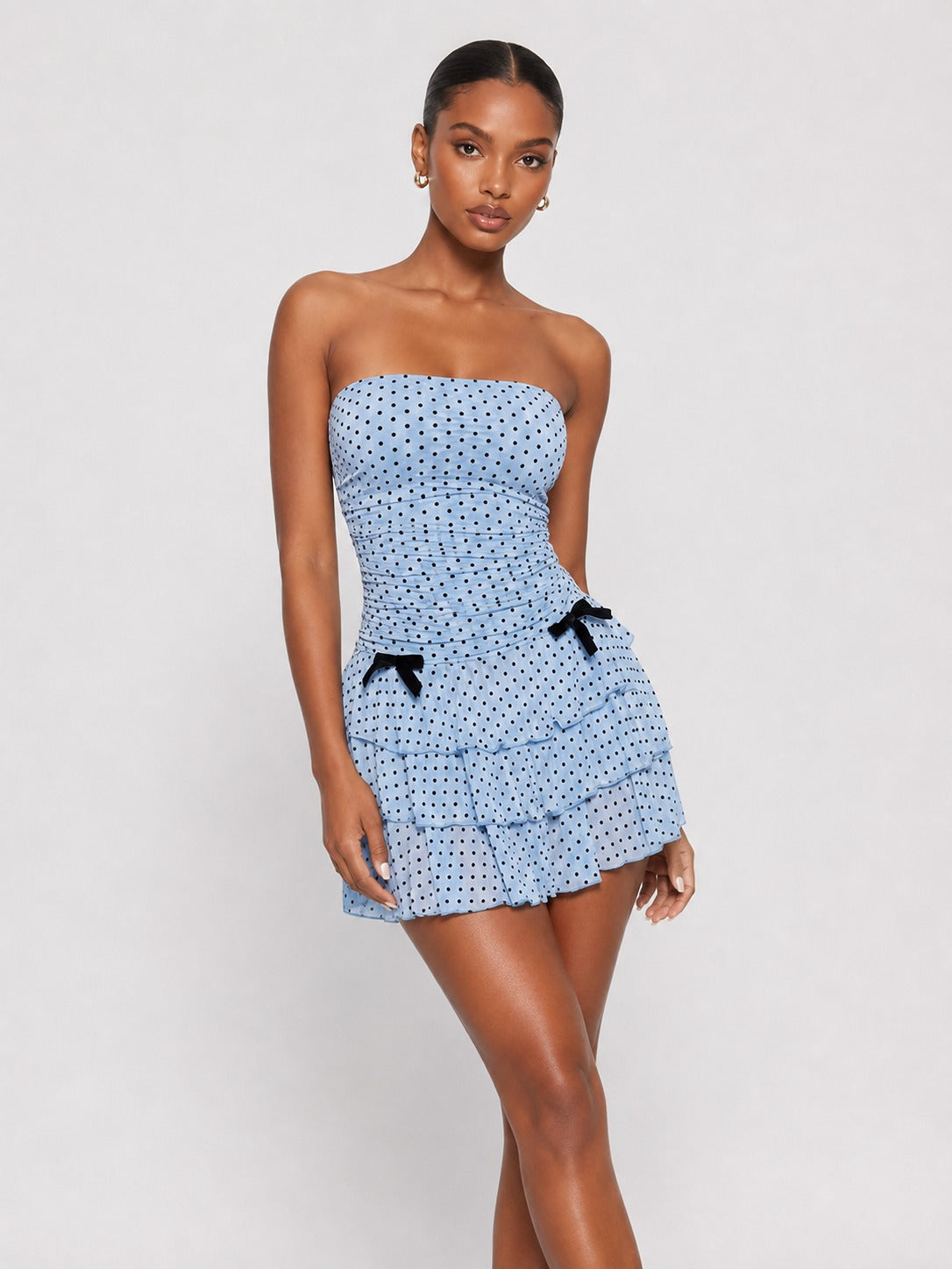Tiered ruffle skirt on Jovellee light blue polka dot mini dress