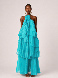 Orange Chiffon Halter Ruffle Maxi Dress with 3D Flower