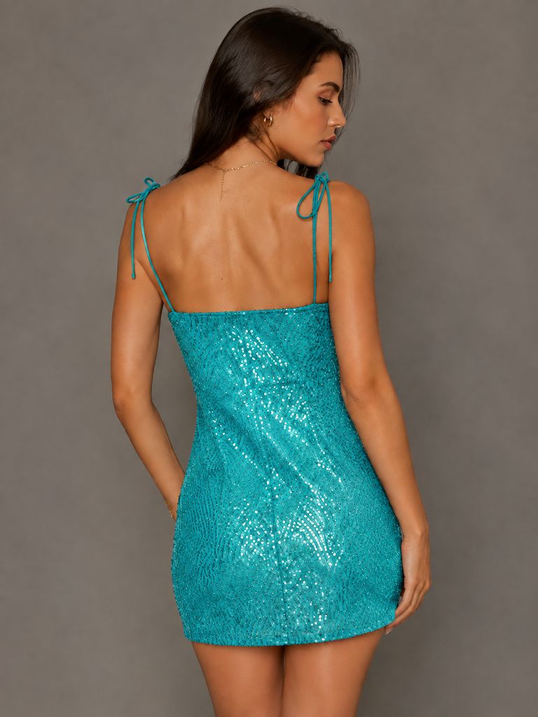 Navy Blue Sequin Spaghetti Strap Mini Dress