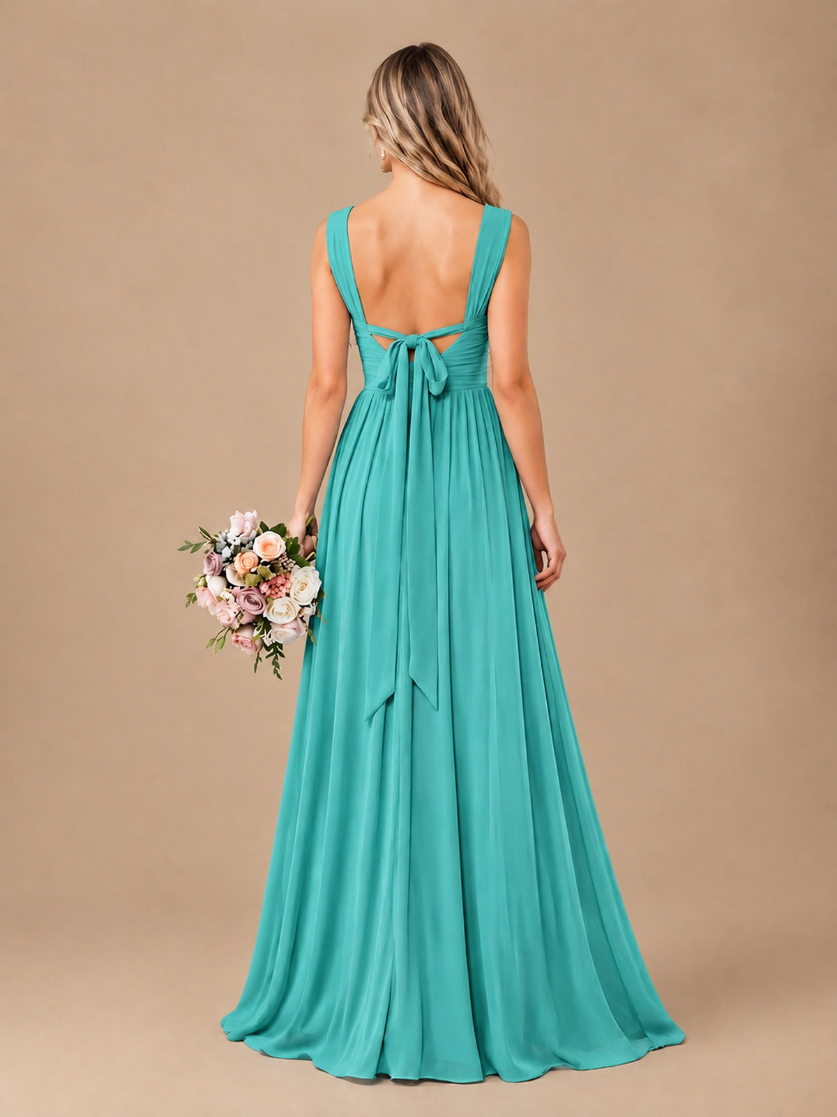 Pleated Chiffon V Neck Wedding Bridesmaid Dresses Floor Length with Slit