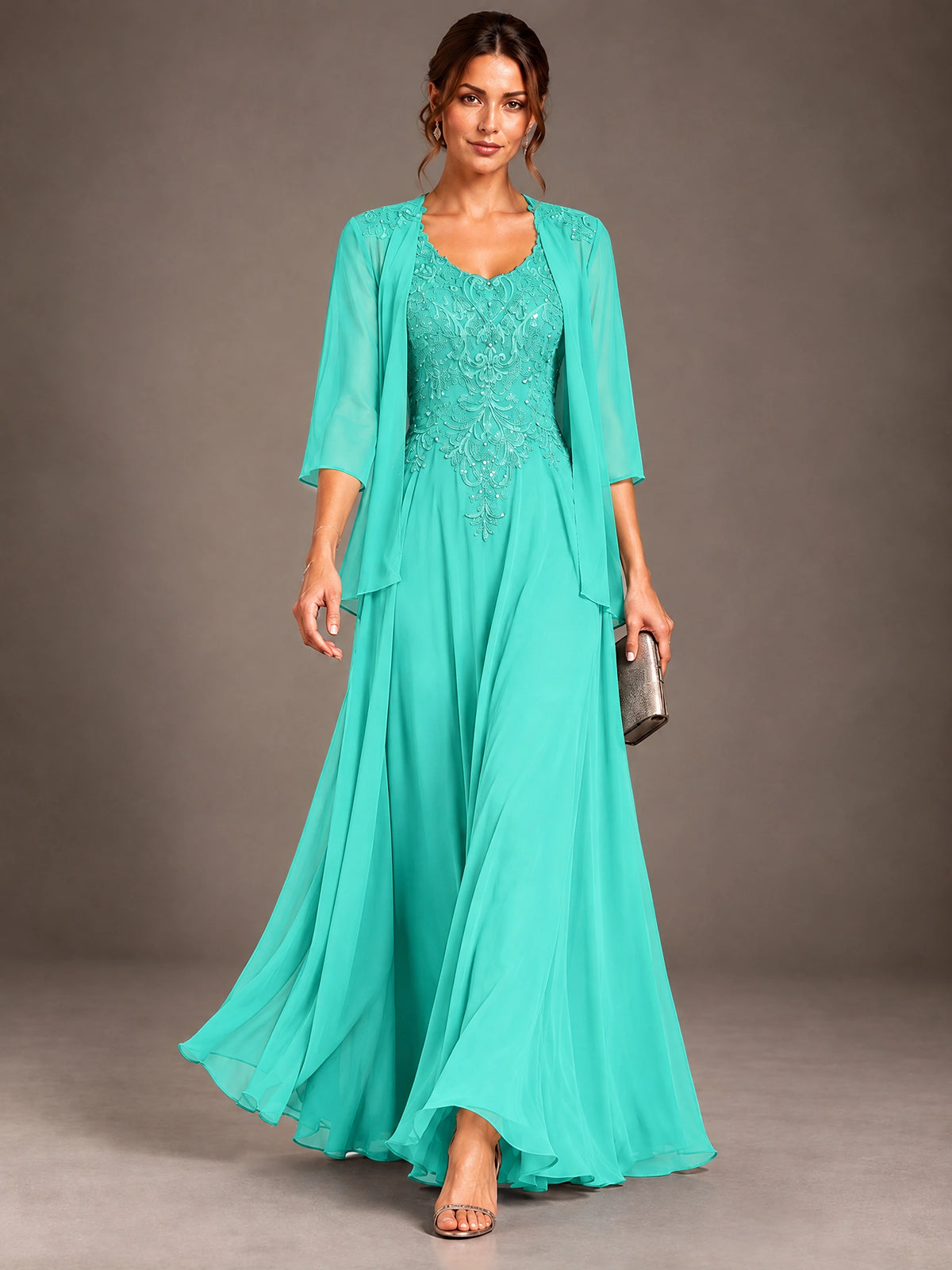A-line 2 Pieces Chiffon Appliques Mother of The Bride Dresses with Jackets
