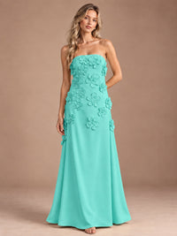 Turquoise-Strapless 3D Floral A-line Satin Prom Maxi Dress Formal Evening Gown