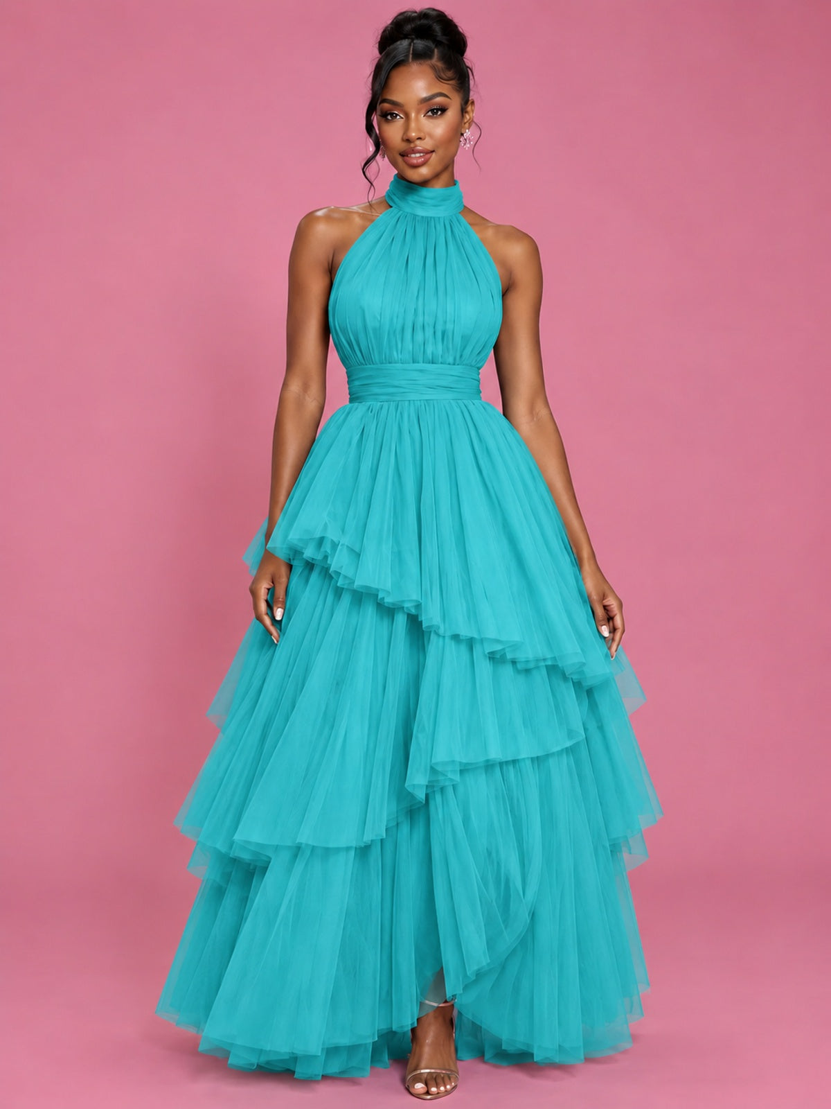 Hot Pink Tulle Halter Neck Tiered Ruffle Maxi Dress
