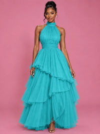 Hot Pink Tulle Halter Neck Tiered Ruffle Maxi Dress
