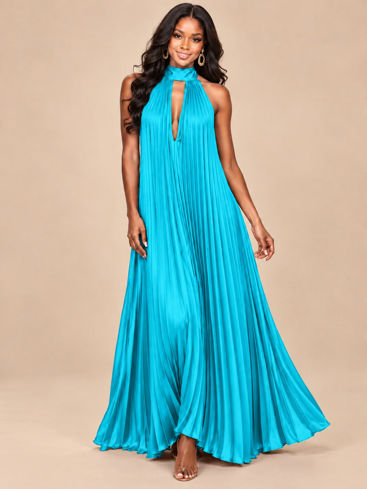 Rust Orange Pleated Halter Neck Maxi Dress