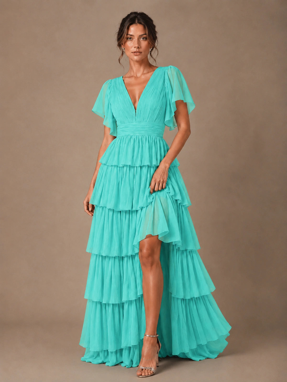 Chiffon V-Neck Tiered Ruffle Bridesmaid Dress with Slit