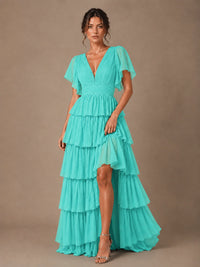 Chiffon V-Neck Tiered Ruffle Bridesmaid Dress with Slit