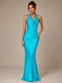 Olive Green Halter Satin Mermaid Maxi Dress