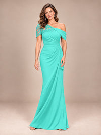 Turquoise-Lace One Shoulder Chiffon Ruched Mother of The Bride Dresses