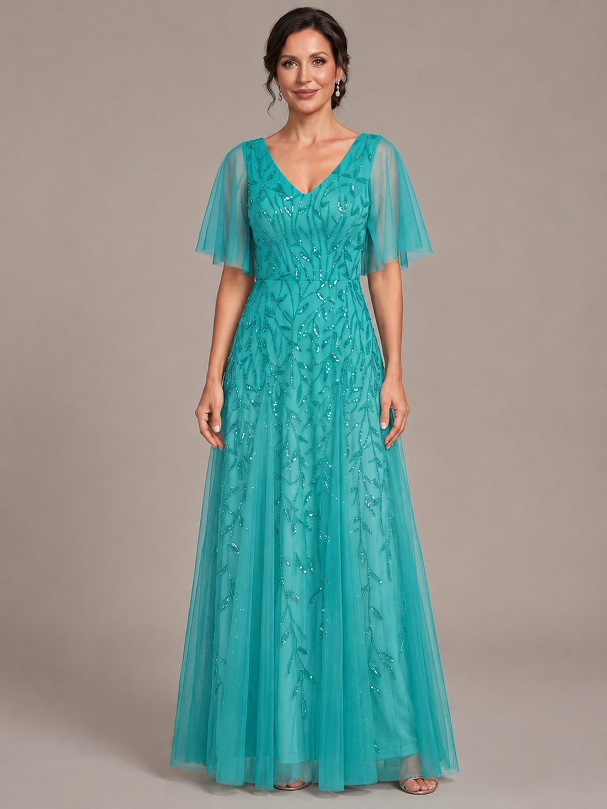 Turquoise V-Neck Sequin Tulle Mother of the Bride Dress with Flutter Sleeve A-line Evening Formal Wedding Guest Dress