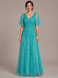 Turquoise V-Neck Sequin Tulle Mother of the Bride Dress with Flutter Sleeve A-line Evening Formal Wedding Guest Dress