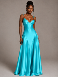 Lavender V Neck Satin Prom Dress with Spaghetti Straps