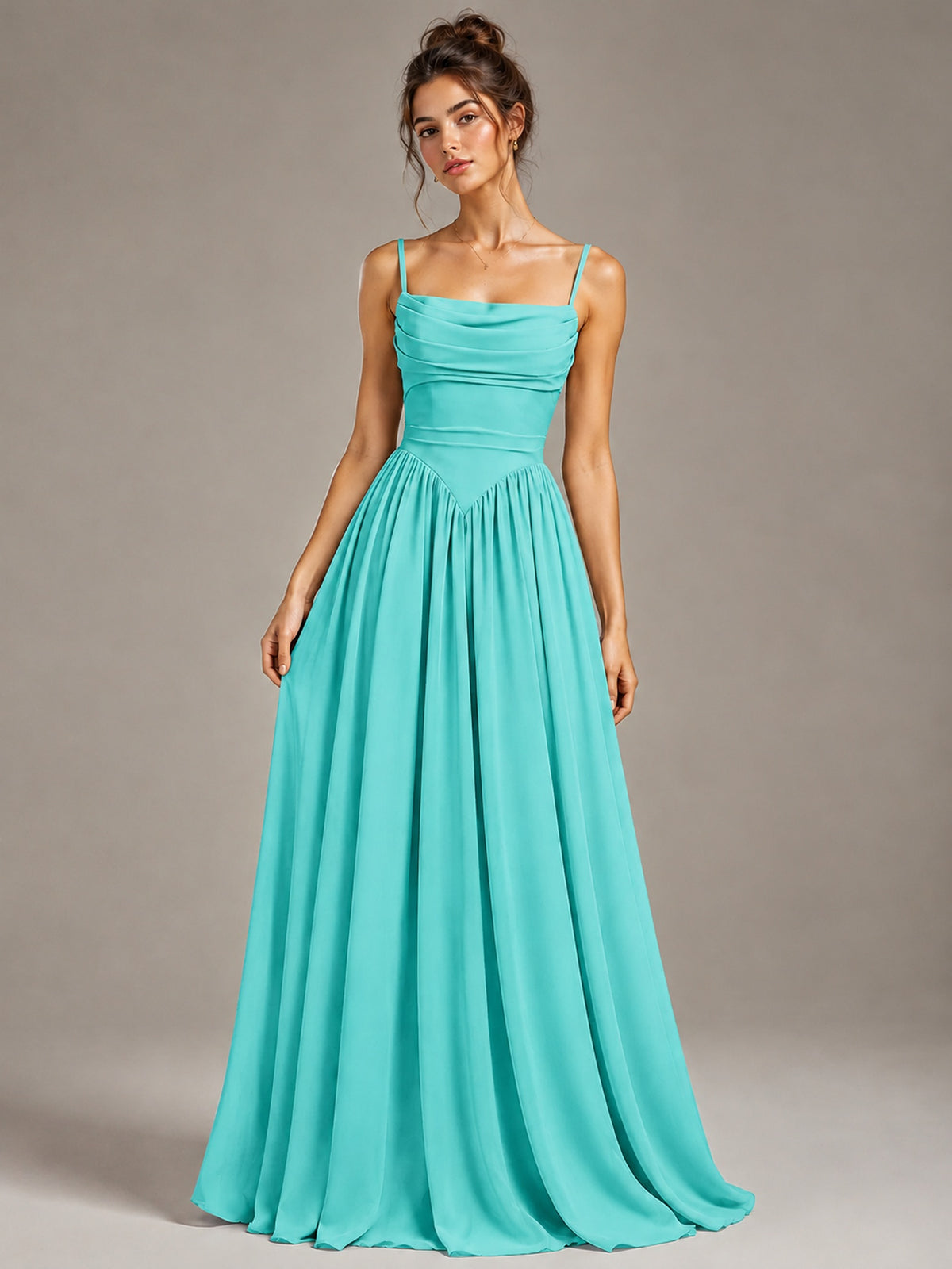 Spaghetti Strap Ruched Chiffon Maxi Dress with Backless