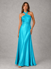 Sage Green Satin A-Line Bridesmaid Dress with Halter Neck
