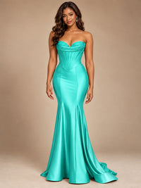 Red Strapless Satin Mermaid Prom Dress with Corset Bodice