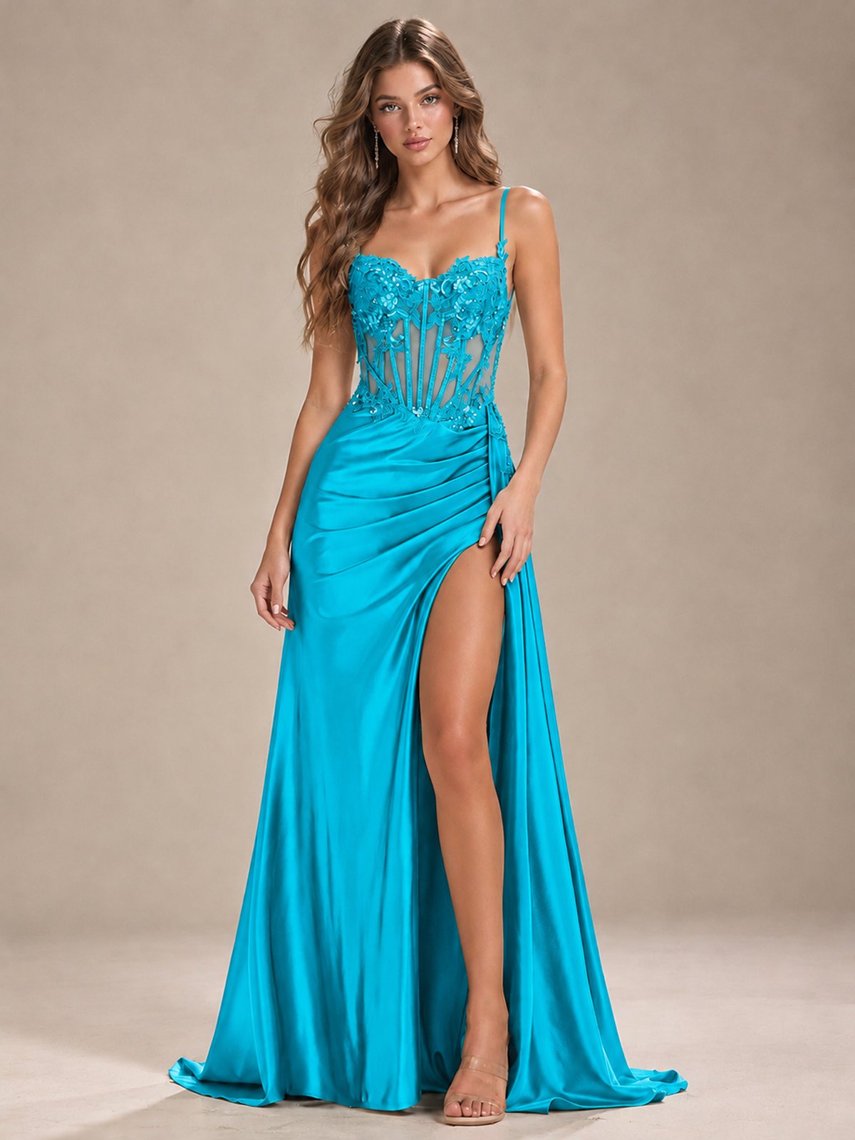 Mermaid Satin Prom Dress with Floral Appliqué Corset and High Slit